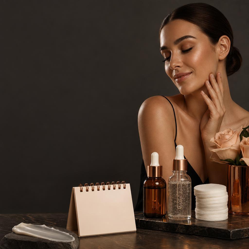 Retinol, asit ve peeling ürünleriyle bakım takvimini anlatan editoryal cilt bakımı fotoğrafı